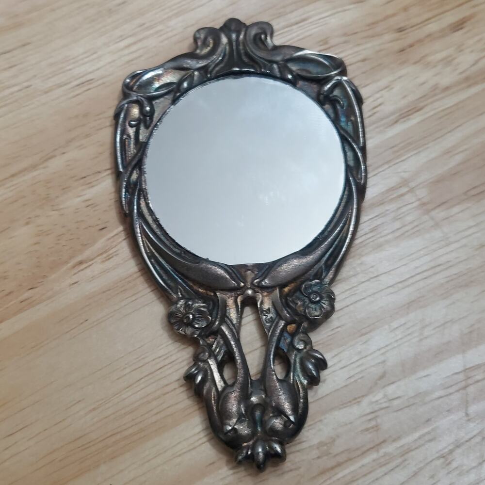 Art Nouveau Style Floral Silver Tone Miniature 4" Hand Mirror